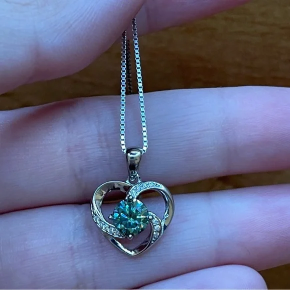1ct Blue Green GRA Certified Round Cut Moissanite Diamond Heart Silver Necklace